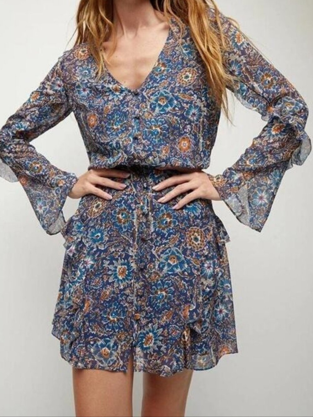 Veronica Beard  Camden Navy Floral Ruffle Long Sleeve Dress